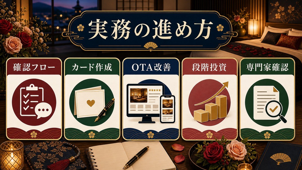 ハネムーン・記念日需要対応の実務手順として確認フロー、カード作成、OTA改善、段階投資、専門家確認を整理した図解