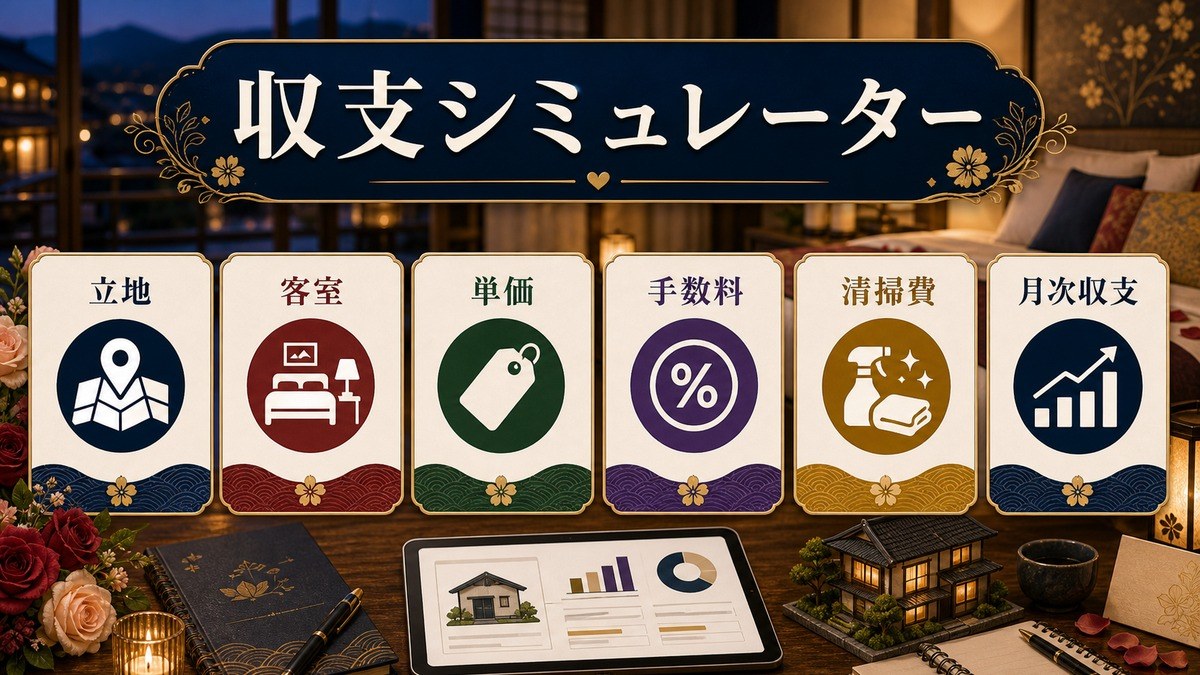 収支シミュレーターで立地、客室、単価、手数料、清掃費、月次収支を確認する図解