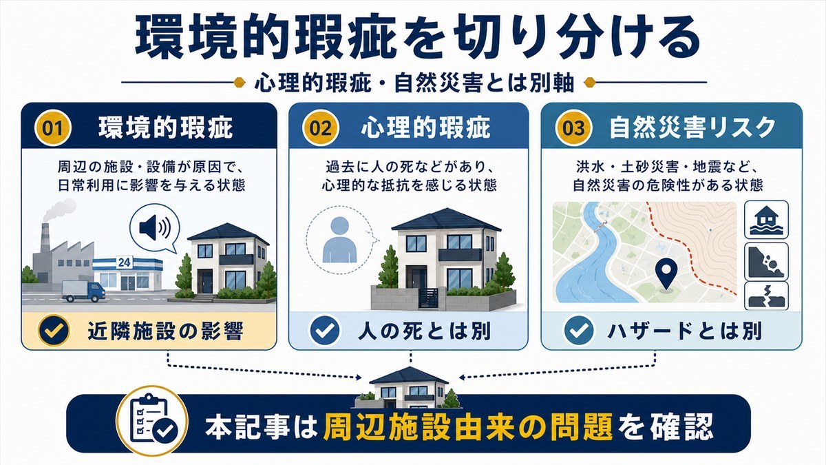 環境的瑕疵と心理的瑕疵、自然災害リスクの違いを整理する図解