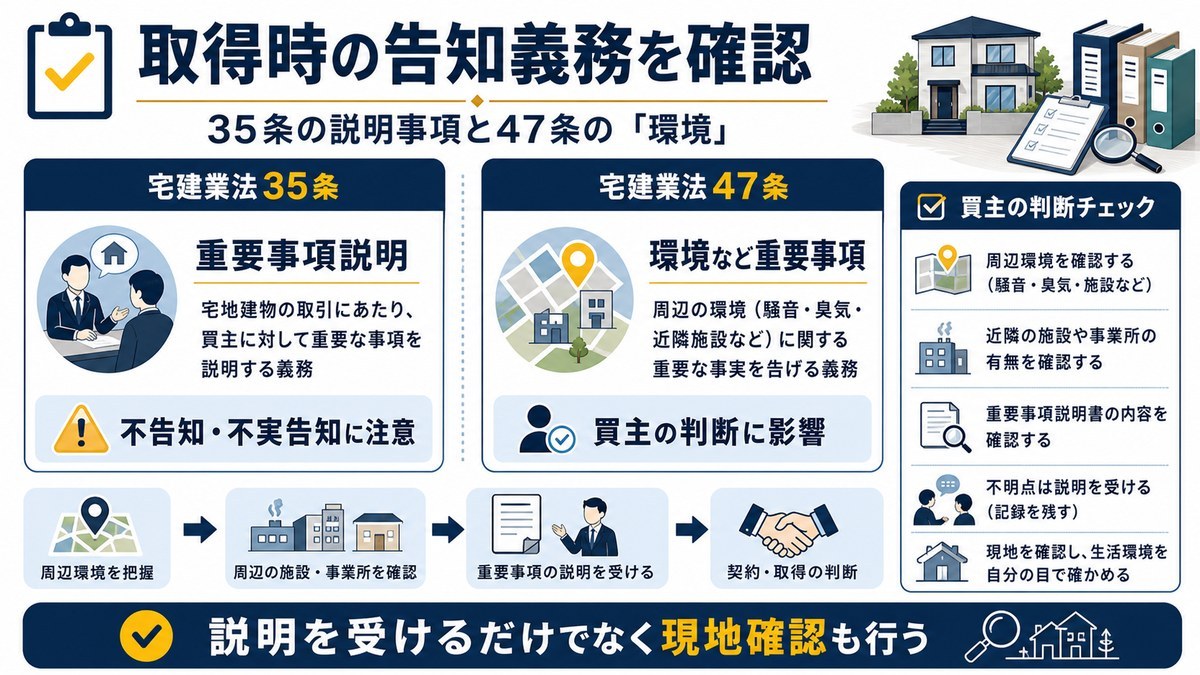 宅建業法35条と47条の環境に関する告知義務を示す図解