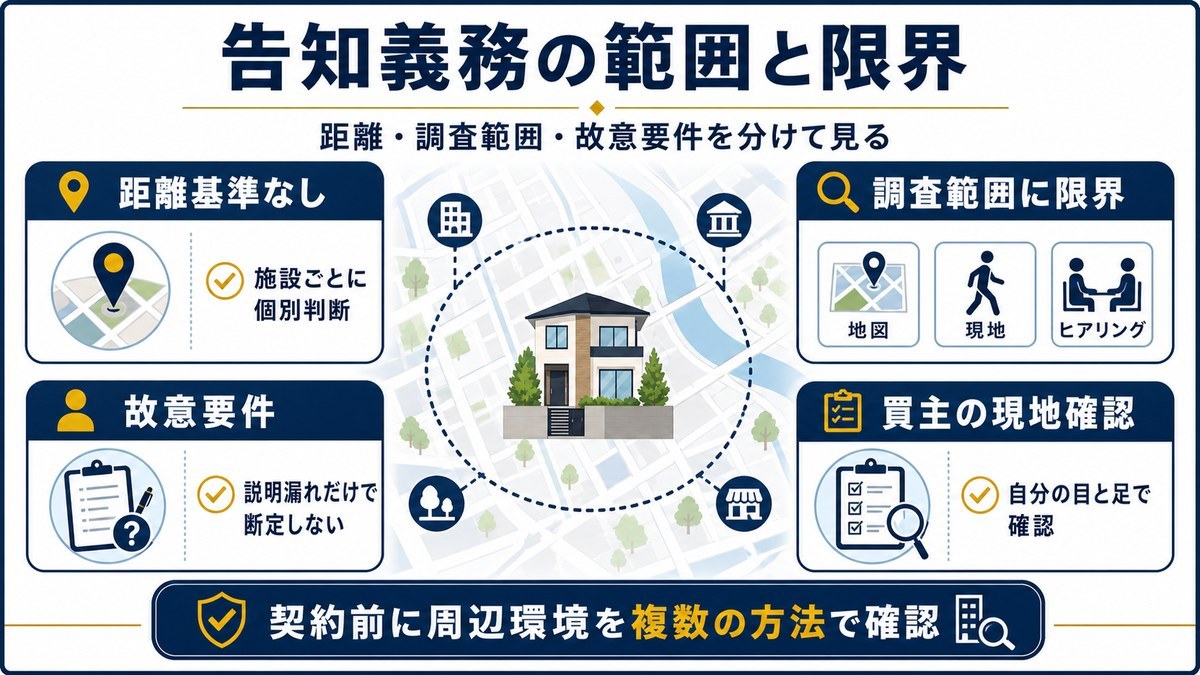 嫌悪施設の告知義務における距離や調査範囲の限界を示す図解