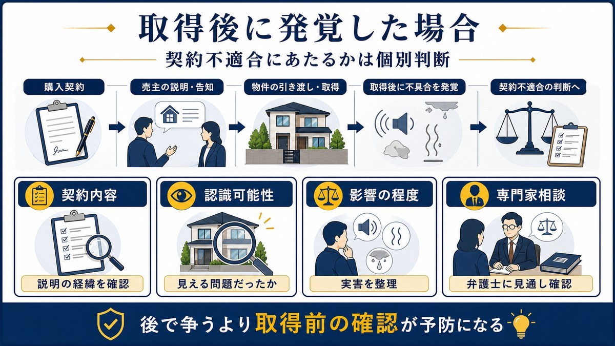 取得後に環境的瑕疵が発覚した場合の契約不適合責任の確認点を示す図解