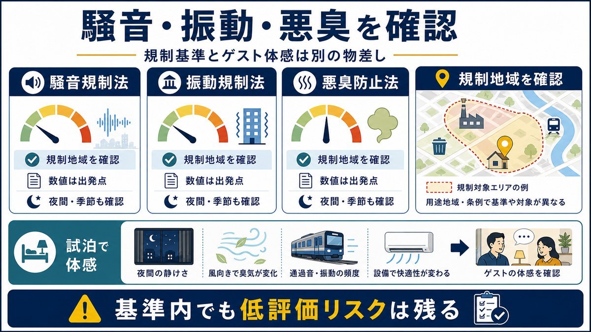 騒音、振動、悪臭の規制基準とゲスト体感の違いを示す図解