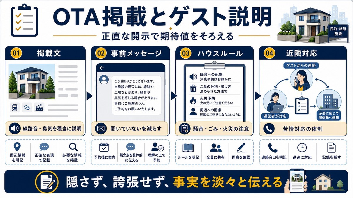 OTA掲載とゲスト説明で近隣環境を正直に開示する流れを示す図解