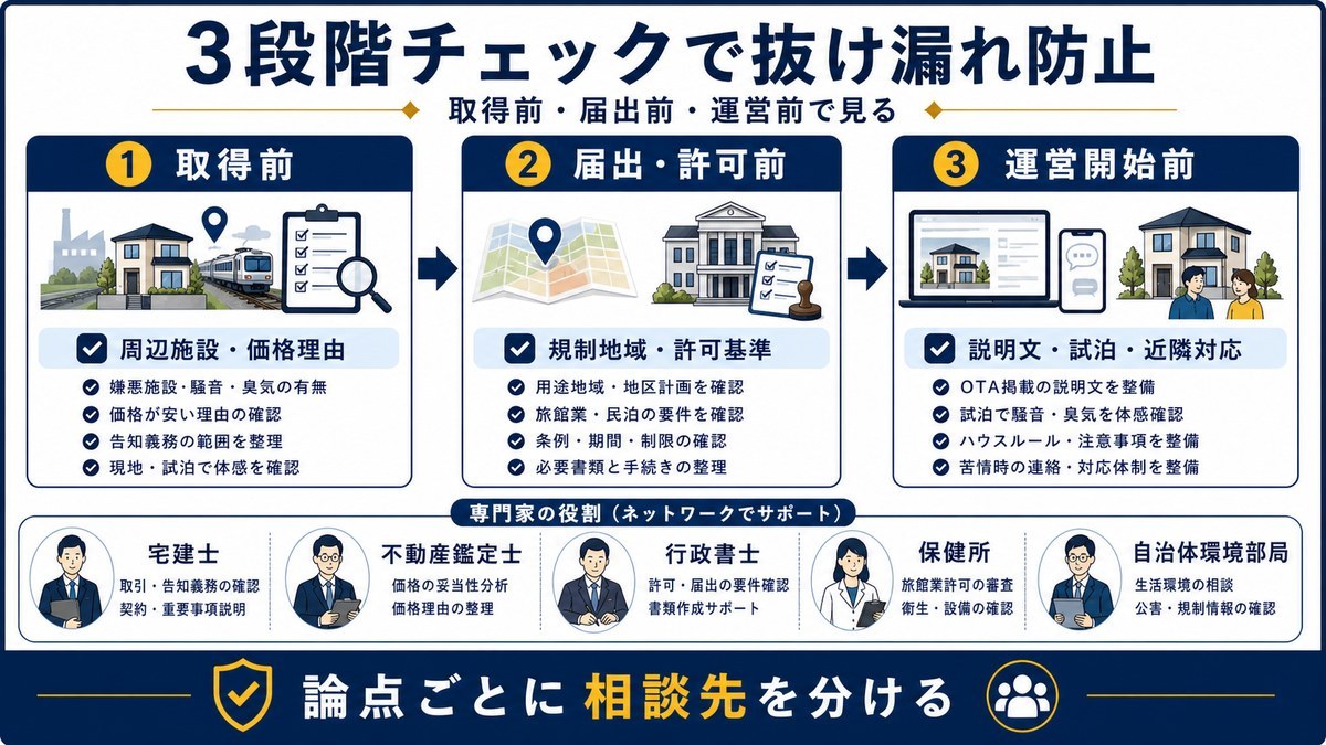 環境的瑕疵のある物件を取得前、届出前、運営前に確認する3段階チェックの図解