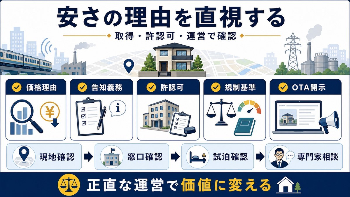 環境的瑕疵のある物件で価格理由、告知義務、許認可、規制基準、OTA開示を確認するまとめ図解