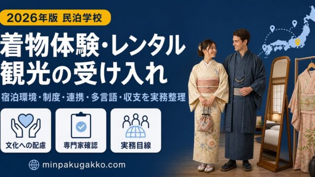 民泊で着物体験・レンタル観光ゲストを受け入れる際の宿泊環境、制度、業者連携、多言語対応、収支を整理したアイキャッチ画像