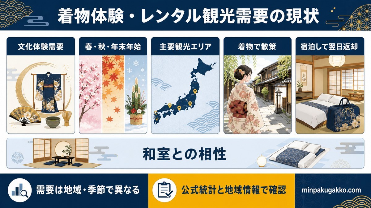 着物体験・レンタル観光需要の現状として、文化体験需要、季節、観光エリア、着物散策、宿泊・翌日返却、和室との相性を整理した図解