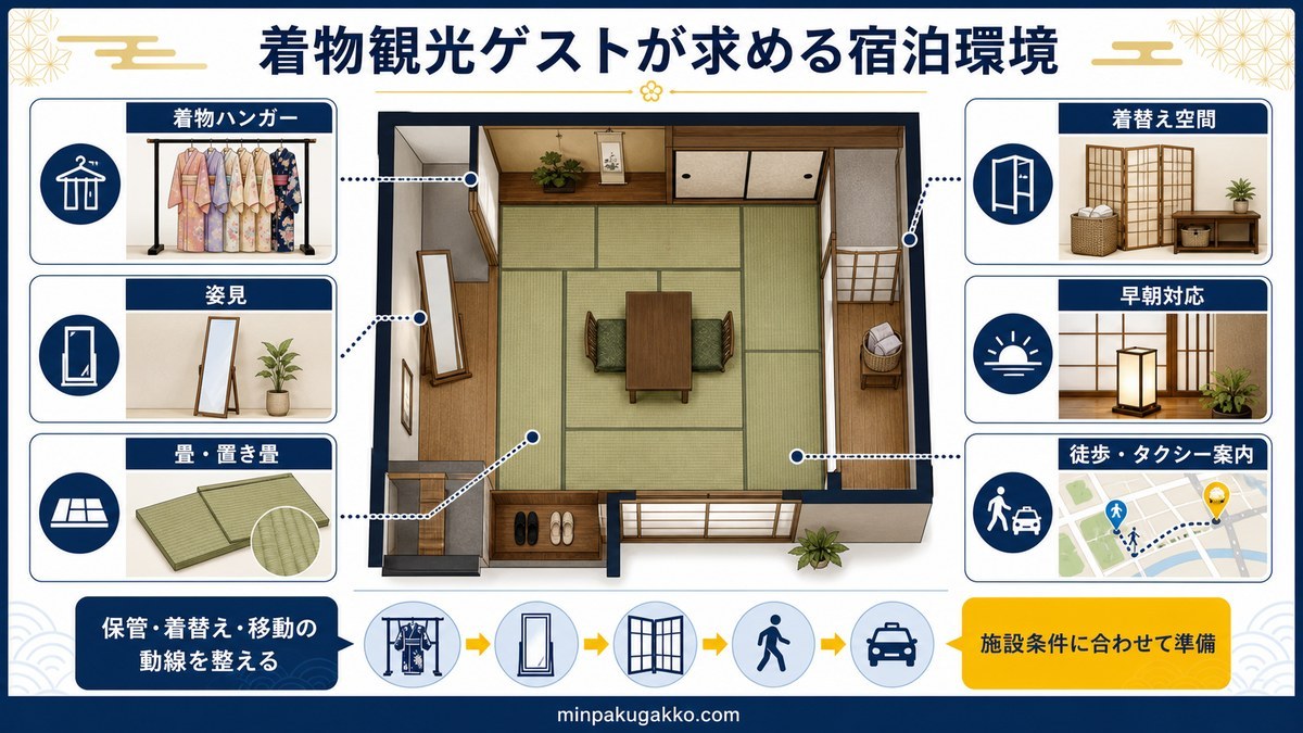 着物観光ゲストが求める宿泊環境として、着物ハンガー、姿見、着替え空間、畳・置き畳、早朝対応、徒歩・タクシー案内を整理した図解