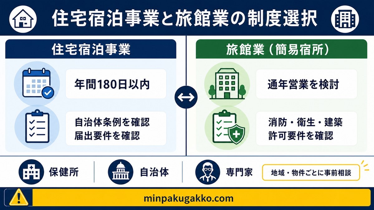 着物観光需要における住宅宿泊事業と旅館業の選択を、180日管理、条例、届出要件、通年営業、消防・衛生・建築、許可要件で比較した図解