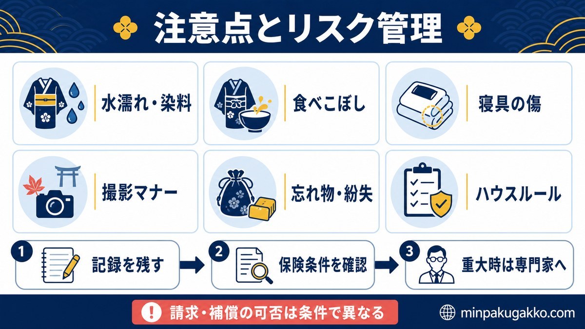 着物観光ゲスト受け入れの注意点として、水濡れ・染料、食べこぼし、寝具の傷、撮影マナー、忘れ物・紛失、ハウスルールと事後対応を整理した図解