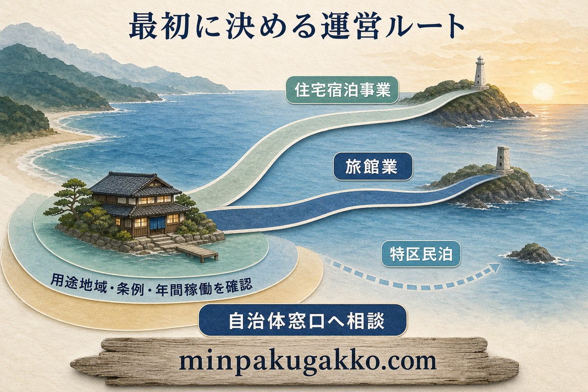 灯台・海岸エリアの民泊で住宅宿泊事業、旅館業、特区民泊を検討する最初の判断図