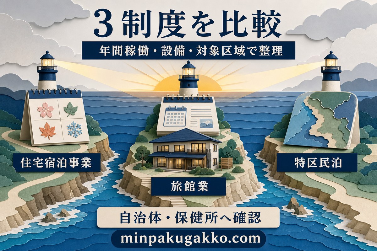 住宅宿泊事業、旅館業、特区民泊を年間稼働、設備、対象区域で比較する図