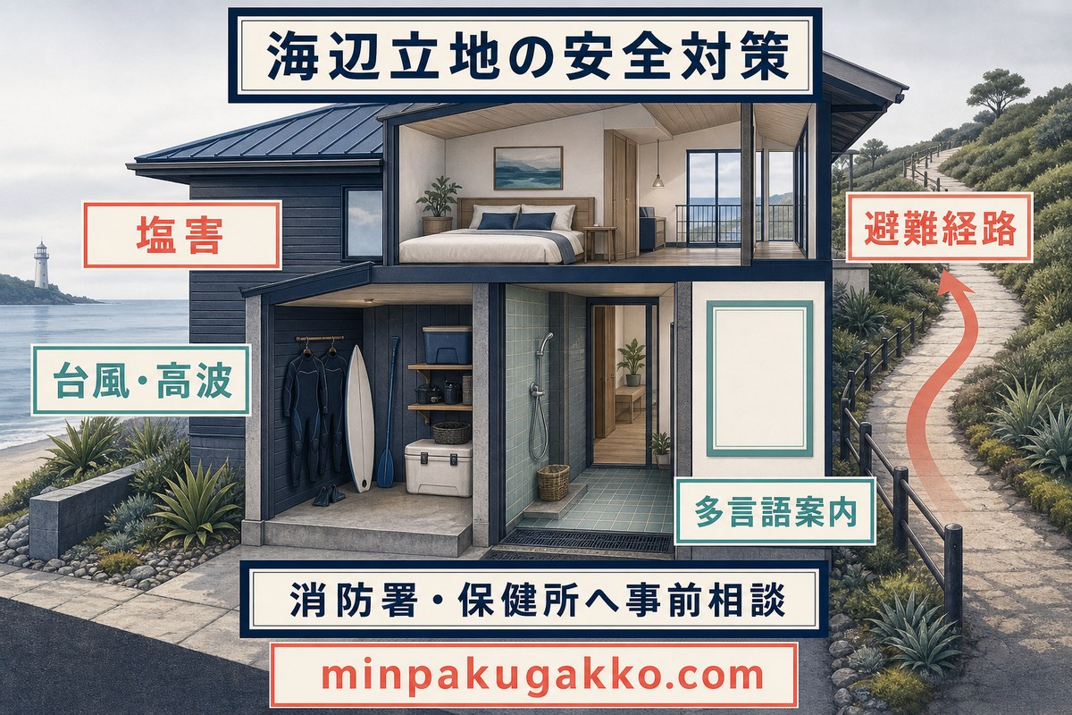 海辺の民泊で塩害、台風・高波、避難経路、多言語案内を事前確認する安全対策図