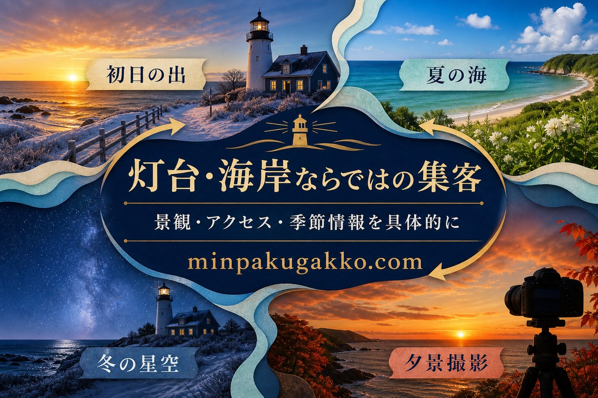 灯台・海岸エリアの初日の出、夏の海、夕景撮影、冬の星空を季節別に伝える集客図