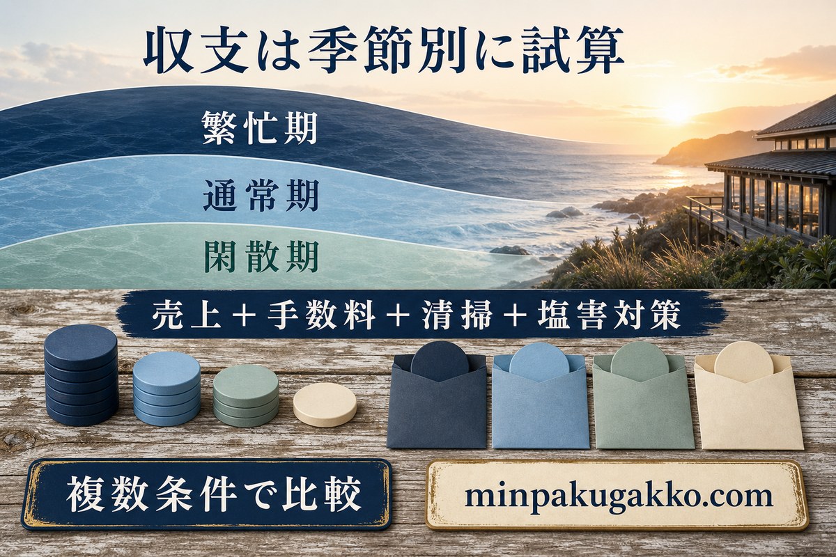 灯台・海岸エリアの繁忙期、通常期、閑散期ごとに売上と費用を比較する収支試算図