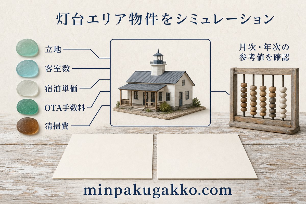 立地、客室数、宿泊単価、OTA手数料、清掃費から灯台エリア物件の収支参考値を確認する図