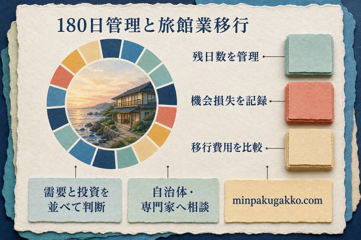 180日の残日数、機会損失、移行費用を比較して旅館業移行を検討する判断図
