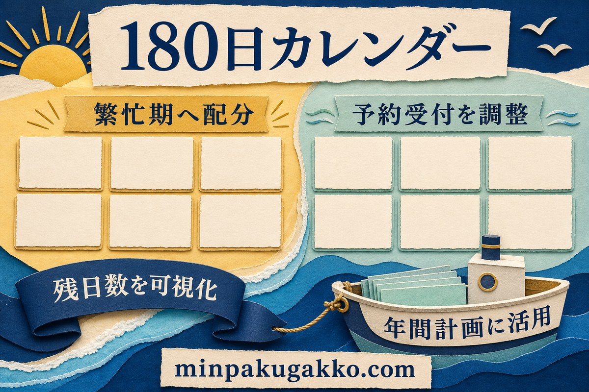 住宅宿泊事業の180日を繁忙期へ配分し、予約受付と残日数を管理するカレンダー図