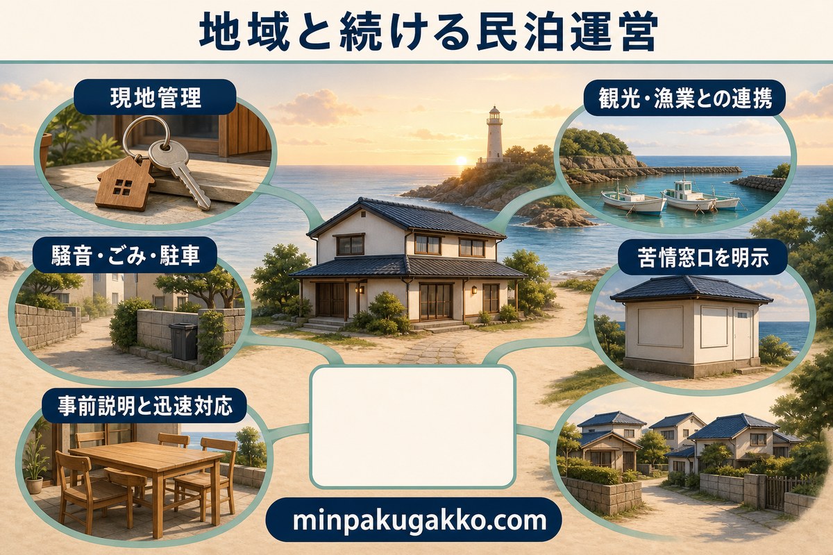 海辺の民泊で現地管理、観光・漁業連携、騒音・ごみ・駐車、苦情窓口を整理する地域連携図