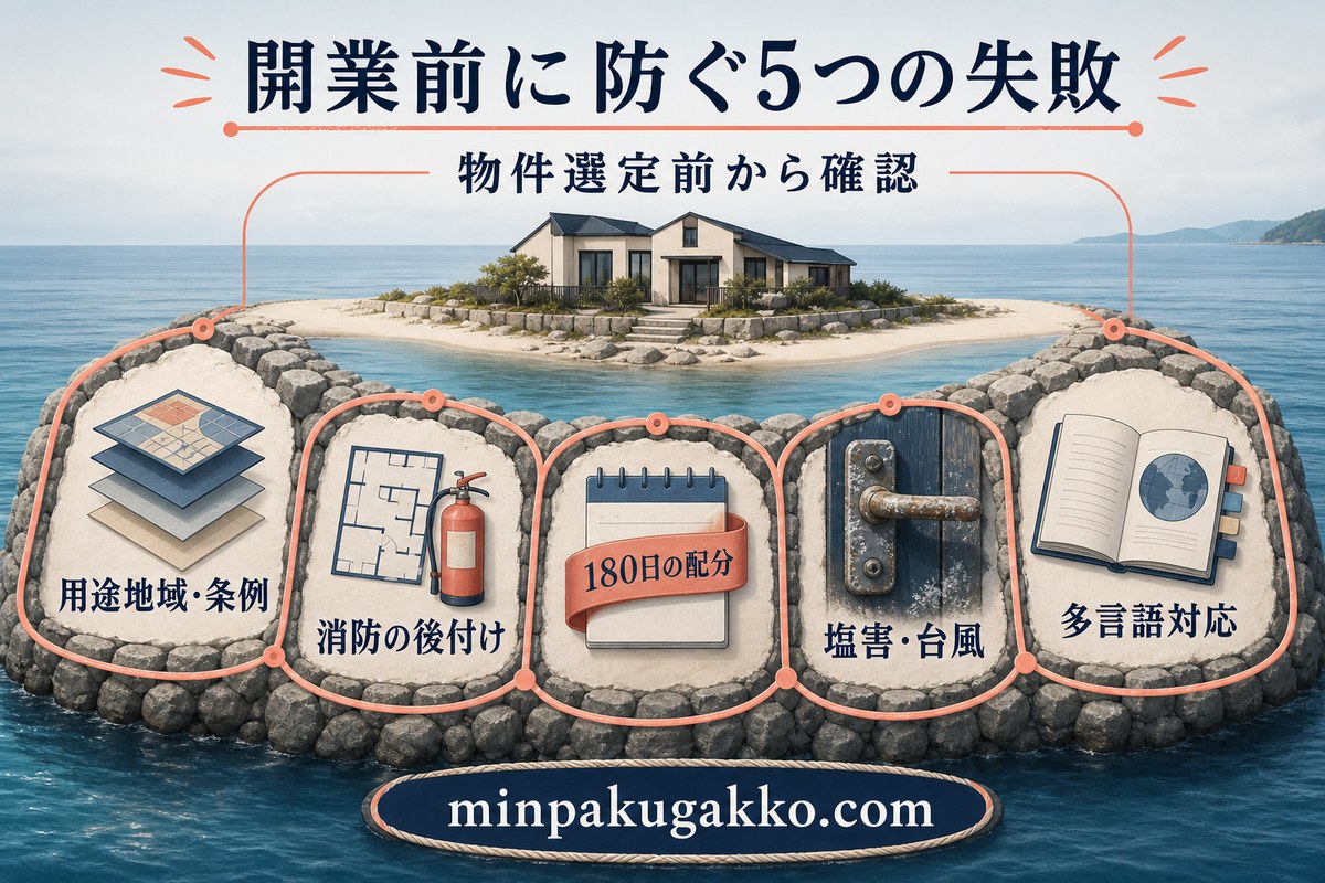 灯台・海岸エリア民泊で用途地域、消防、180日配分、塩害、多言語対応の失敗を防ぐ図