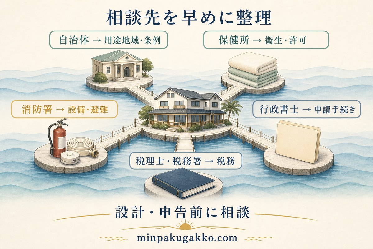 用途地域、衛生、消防設備、申請、税務について灯台・海岸民泊の相談先を整理した図