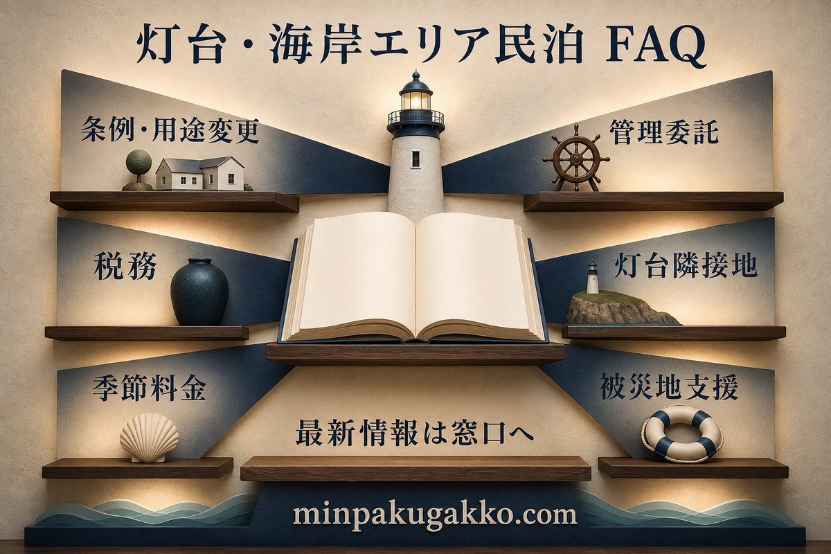 灯台・海岸エリア民泊の条例、用途変更、管理委託、税務、灯台隣接地、季節料金、被災地支援を整理したFAQ図