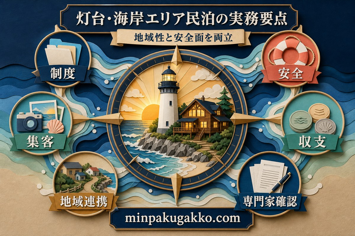 灯台・海岸エリア民泊の制度、安全、集客、収支、地域連携、専門家確認を整理したまとめ図