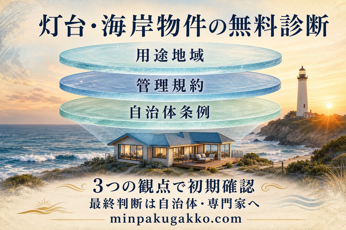 用途地域、管理規約、自治体条例の三つの観点で灯台・海岸物件の民泊可否を初期確認する図