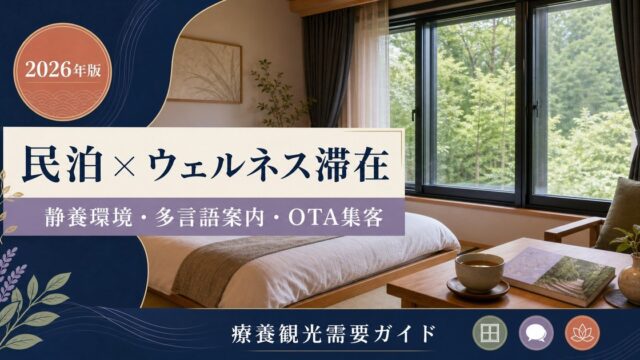 民泊のメンタルヘルス・療養観光需要、ウェルネス滞在、静養環境、多言語案内、OTA集客を解説するアイキャッチ画像
