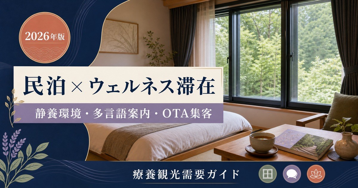 民泊のメンタルヘルス・療養観光需要、ウェルネス滞在、静養環境、多言語案内、OTA集客を解説するアイキャッチ画像