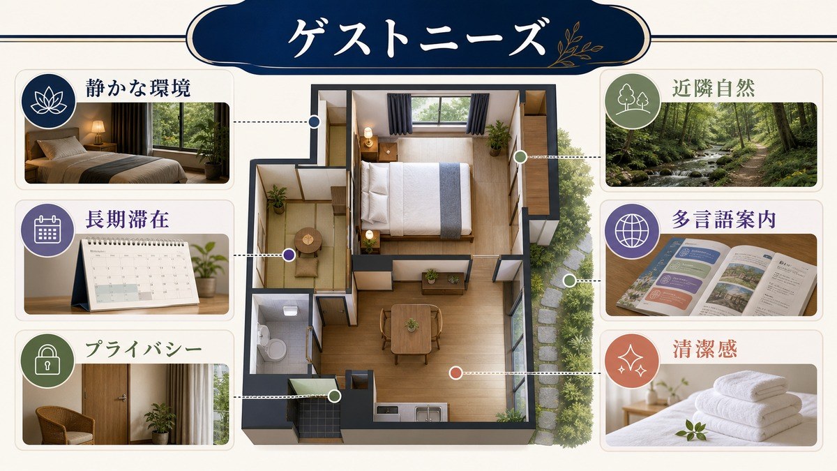 療養・静養ゲストのニーズとして静かな環境、長期滞在、プライバシー、近隣自然、多言語案内、清潔感を整理した図解