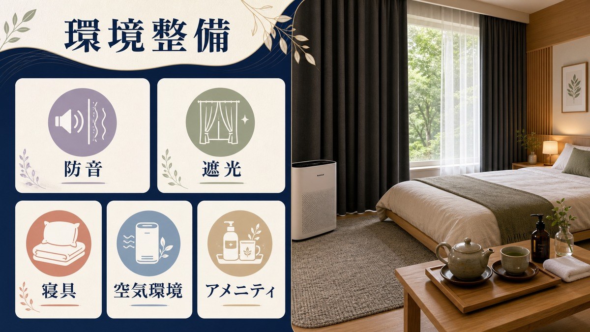 療養向け民泊の環境整備として防音、遮光、寝具、空気環境、アメニティを整理した図解