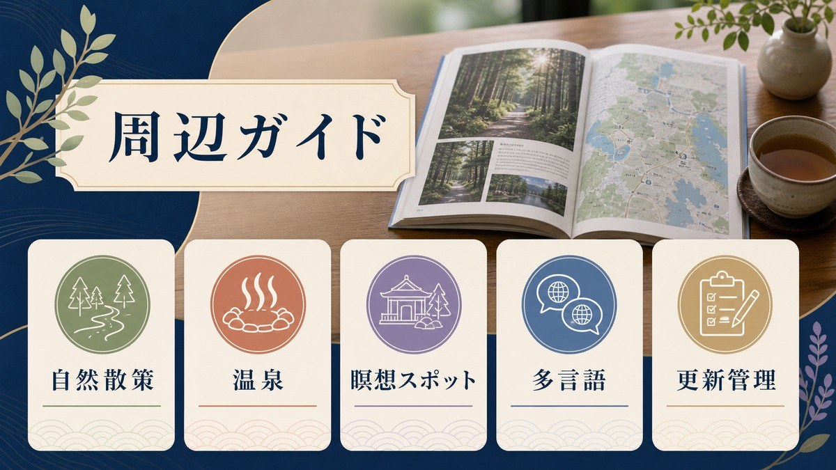 周辺自然環境と温泉、瞑想スポットの多言語案内として自然散策、温泉、瞑想スポット、多言語、更新管理を整理した図解