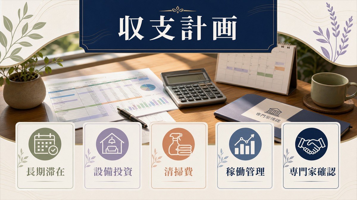 ウェルネス向け民泊の収支計画として長期滞在、設備投資、清掃費、稼働管理、専門家確認を整理した図解