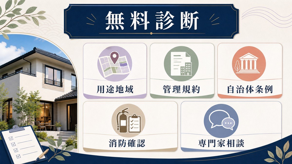民泊可否の無料診断として用途地域、管理規約、自治体条例、消防確認、専門家相談を確認する図解