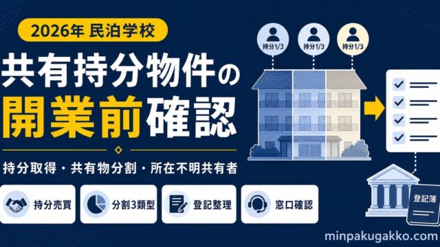 共有持分物件で民泊旅館業を始める前に持分取得、共有物分割、登記、窓口確認を整理する図解