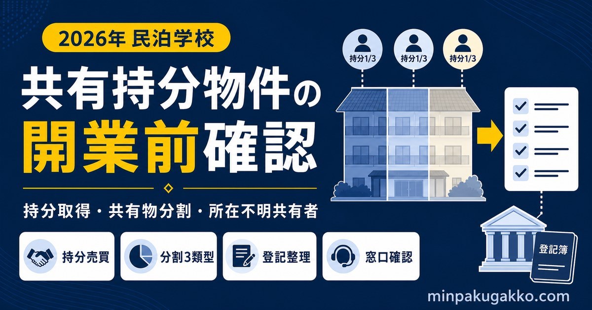 共有持分物件で民泊旅館業を始める前に持分取得、共有物分割、登記、窓口確認を整理する図解