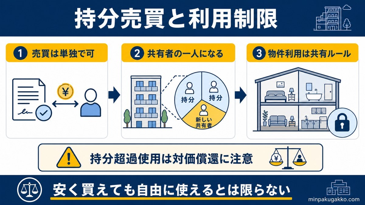 共有持分の売買は単独で可能だが物件利用には共有ルールが関わることを示す図解
