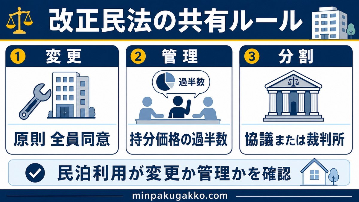 改正民法の共有物に関する変更管理分割のルールを整理する図解