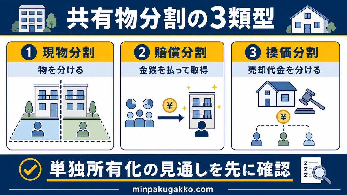 共有物分割の現物分割、賠償分割、換価分割の3類型を整理する図解