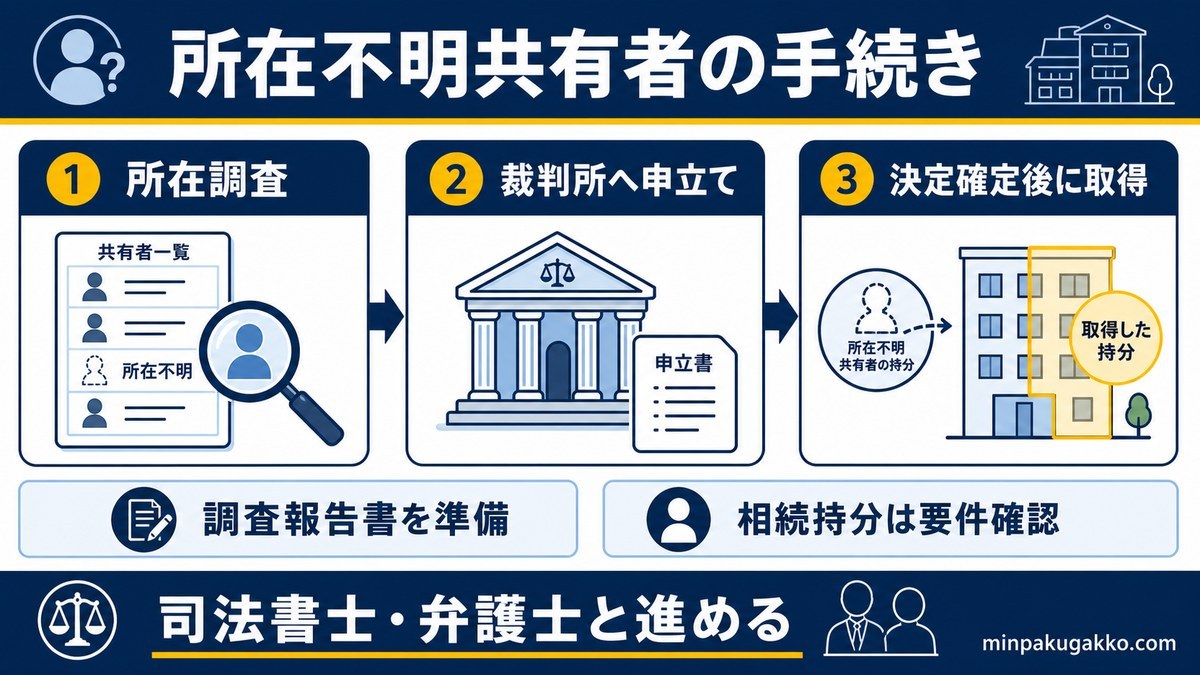 所在不明共有者の持分取得手続きを調査、裁判所申立て、決定確定の流れで示す図解