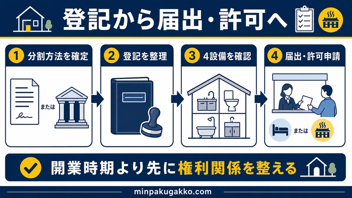 共有物分割後に登記を整理し4設備確認から届出許可申請へ進む流れの図解