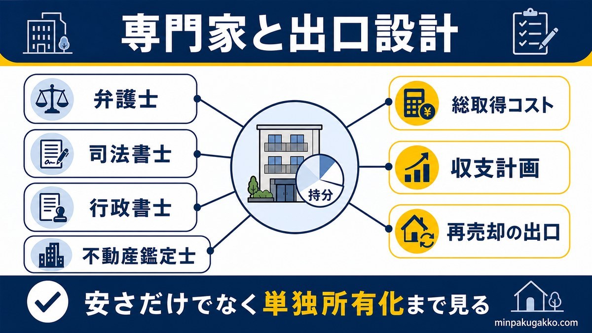 共有持分物件で相談する専門家と総取得コスト、収支計画、再売却出口を整理する図解
