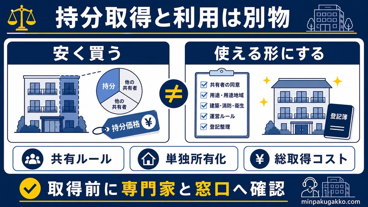 共有持分取得と民泊利用可能な状態に整えることは別物であると示すまとめ図解