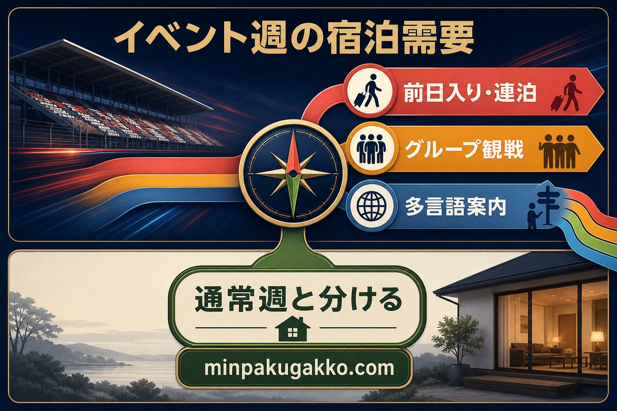 前日入り、連泊、グループ観戦、多言語案内と通常週の違いを整理したイベント週の宿泊需要図