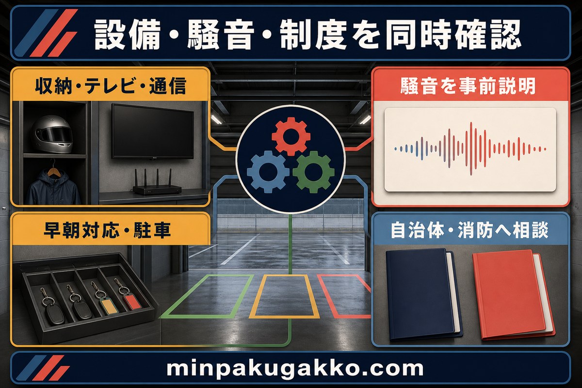 収納、テレビ、通信、早朝対応、駐車、騒音説明、自治体と消防への相談を同時確認する図