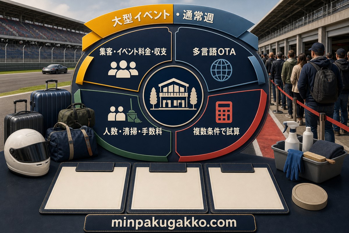 多言語OTA、大型イベントと通常週、人数、清掃費、手数料を分けて複数条件で収支を試算する図
