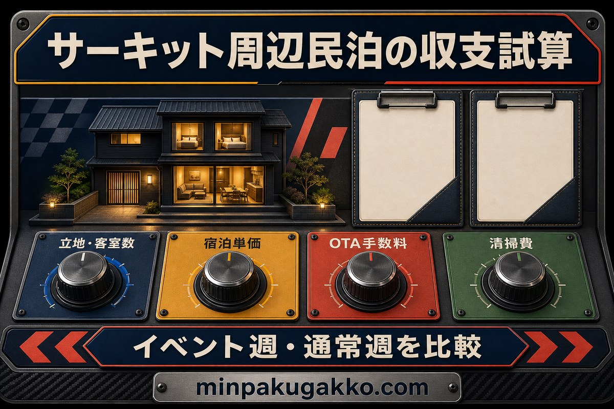 立地、客室数、宿泊単価、OTA手数料、清掃費を入力し、イベント週と通常週を比較するサーキット周辺民泊の収支試算図