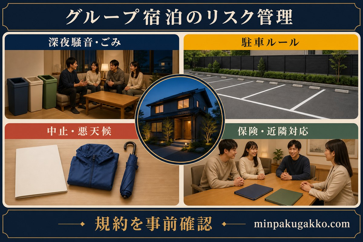 深夜騒音とごみ、駐車、中止と悪天候、保険と近隣対応を事前確認するグループ宿泊のリスク管理図